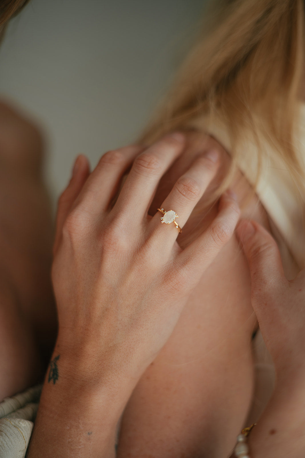 Temple of Rose Ring with Rainbow Moonstone and White Topaz